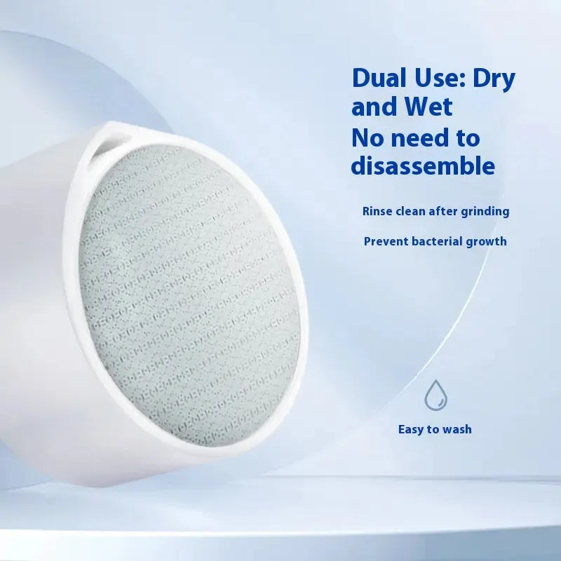 White and blue 2-in-1 nanoscale glass epilator and foot grinder device for personal grooming.