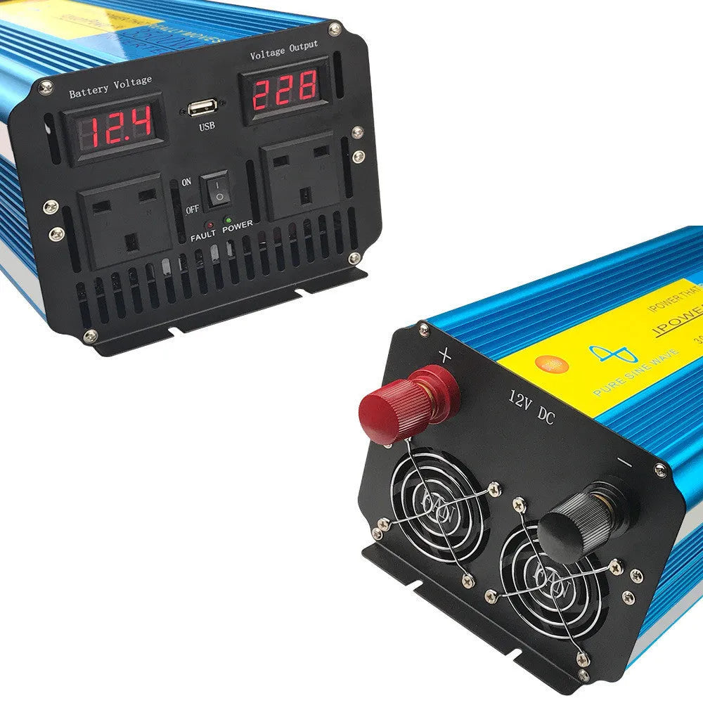 Blue 3000W pure sine wave car power inverter with digital display and British Standard socket