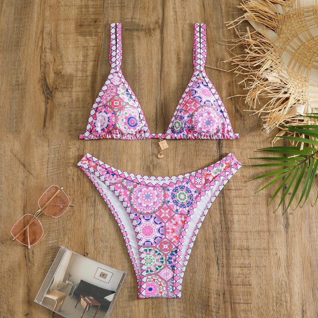 Retro printed women's bikini swimwear in bright four-colour pattern with polyester fabric