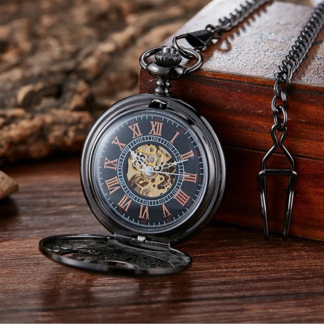 Retro mechanical pocket watch with floral print dial and transparent case back showing movement