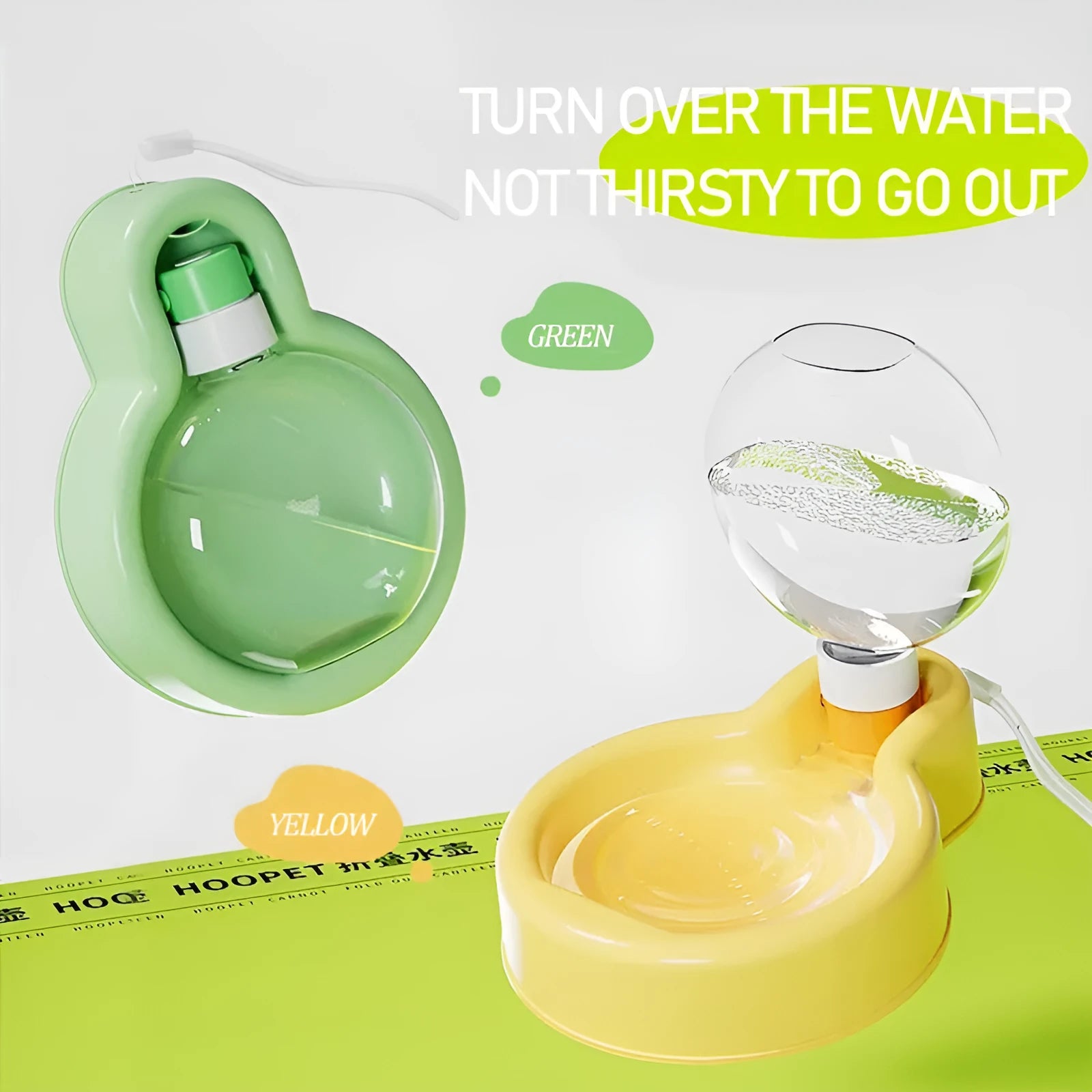 Green portable dog travel water bottle with pull-out drinking bowl, shown with size dimensions.