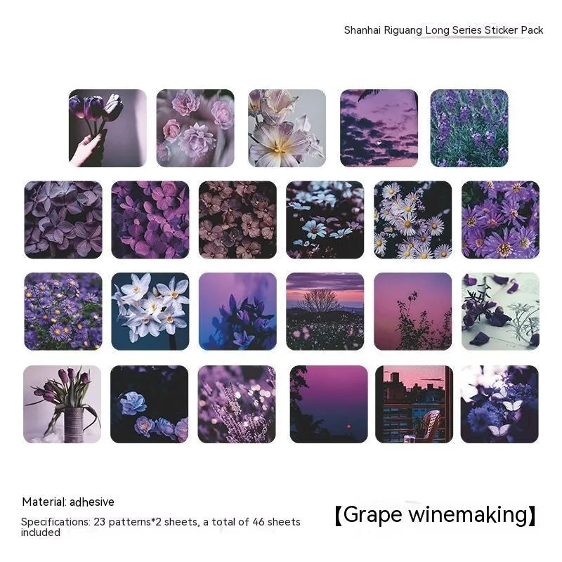 Box of square Nordic style decorative stickers showing six colour themes like Rose Love Letter and Grape Wine.