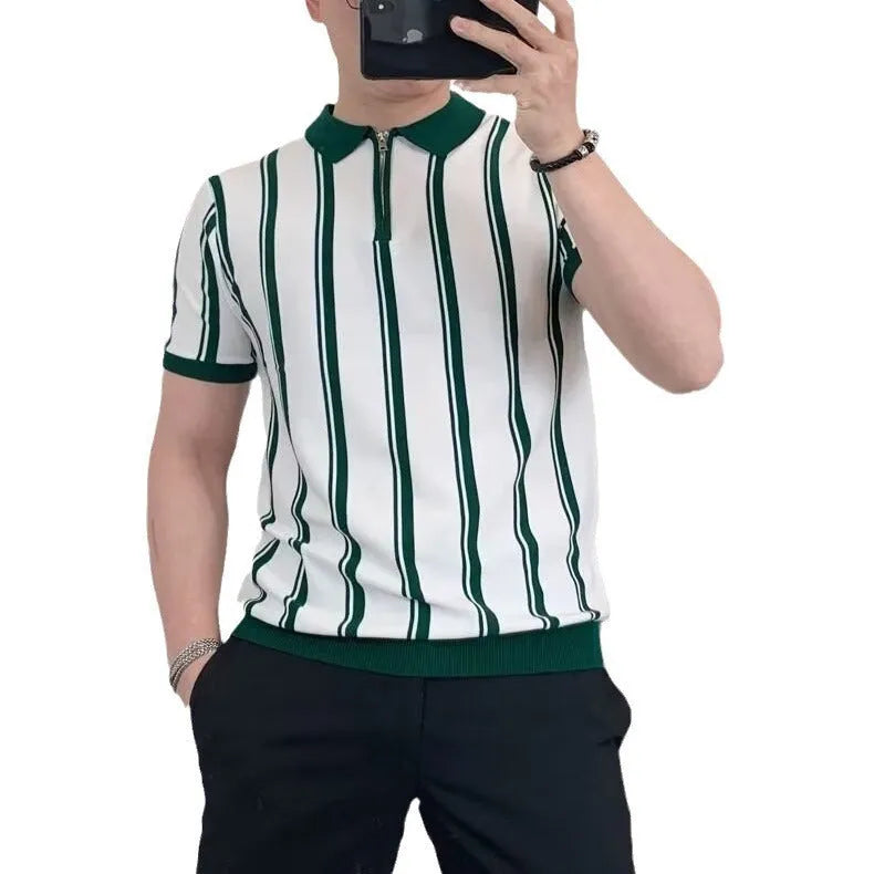Man wearing a black Korean-style casual T-shirt with vintage stripes, cartoon graphics, and a decorative zipper detail.