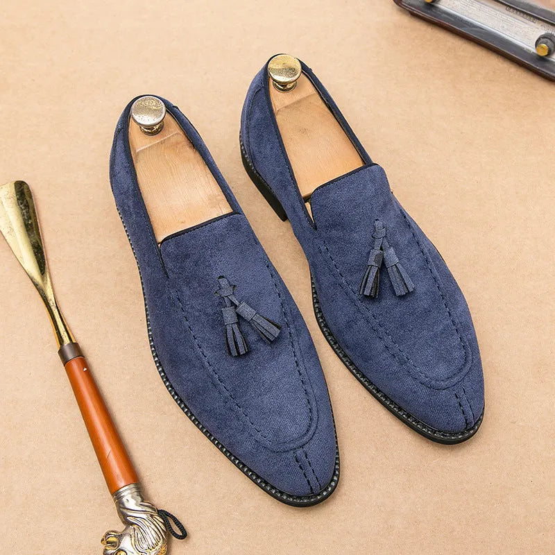 Men's suede matte fashion leather shoes in blue with flat heel and low tube design