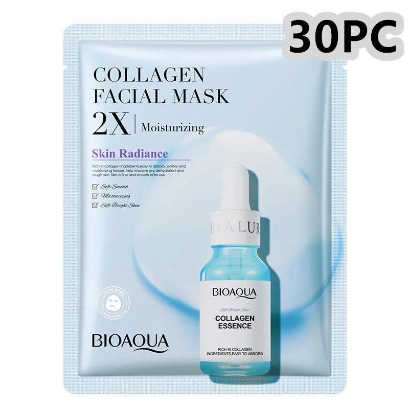 Single 30g collagen and hyaluronic acid gel sheet facial mask on a blue background.
