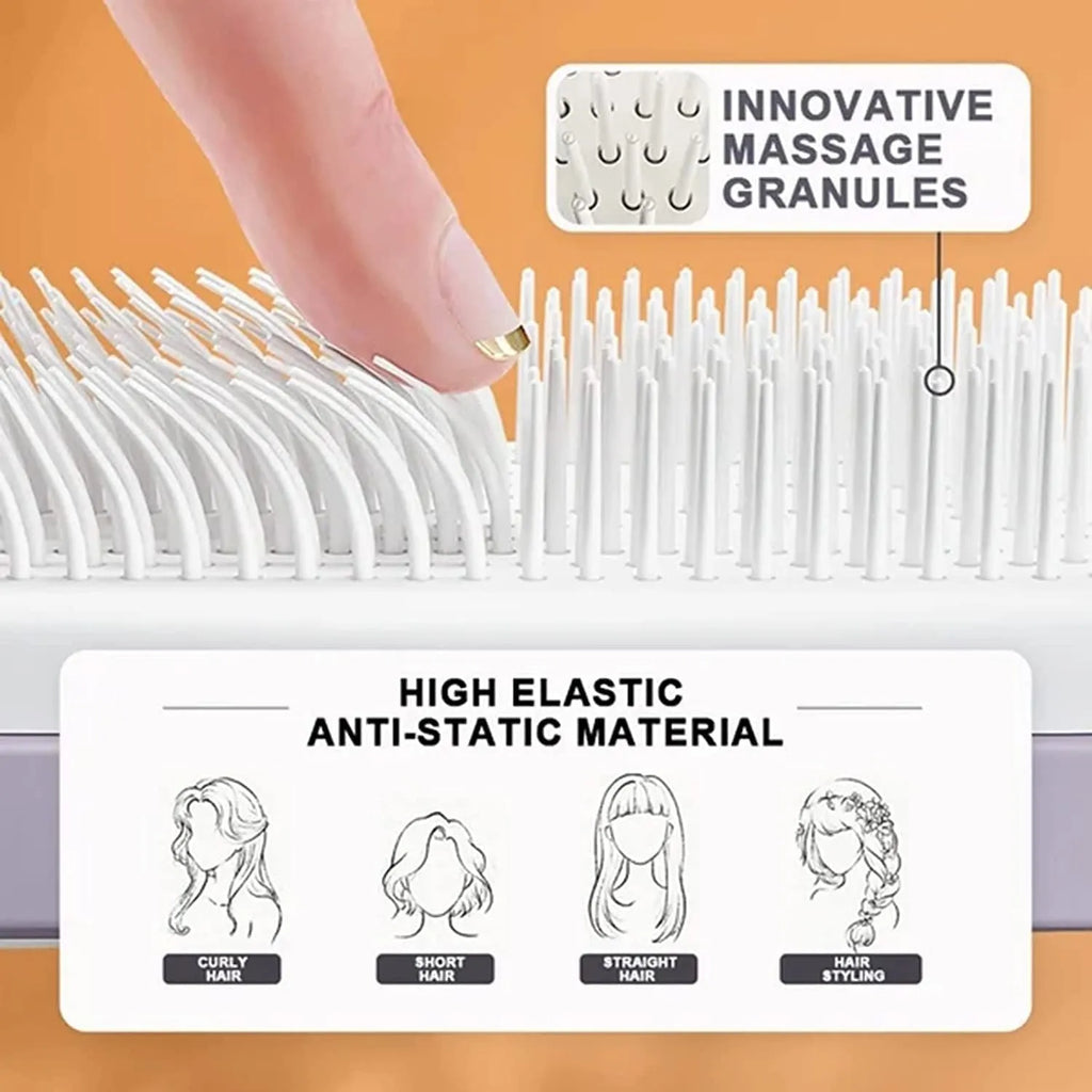 Self-cleaning hair brush with rotating handle, anti-static teeth and scalp massage points in purple and grey colours
