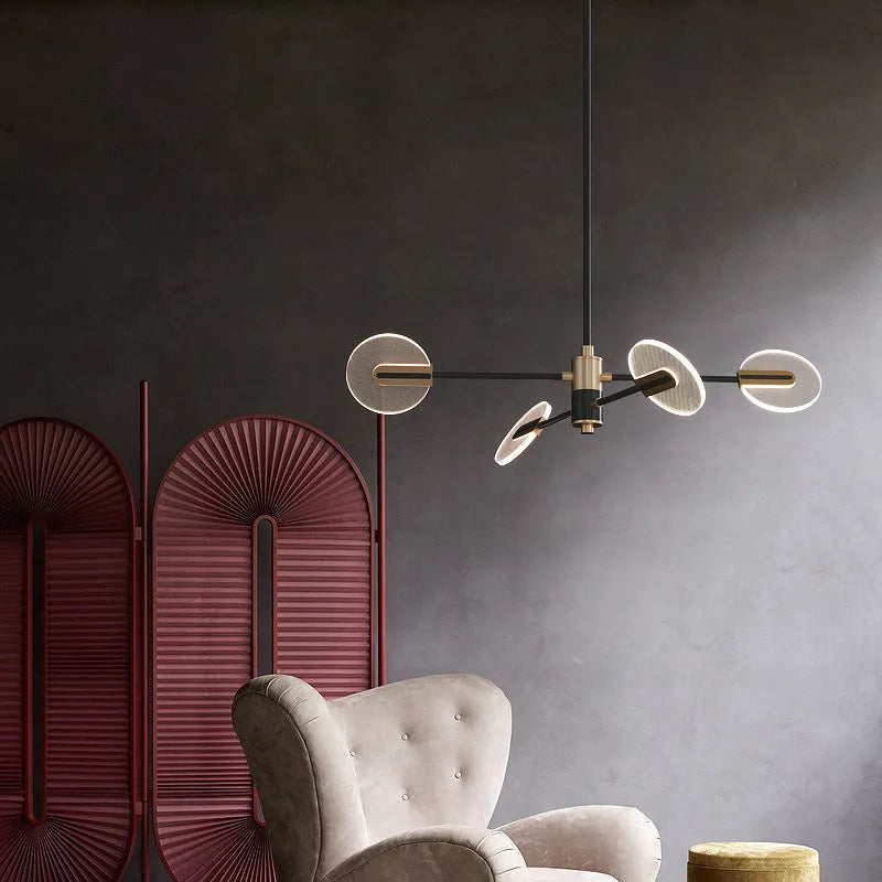 Nordic style iron frame LED chandelier with acrylic shades in a multi-head pendant lamp design.