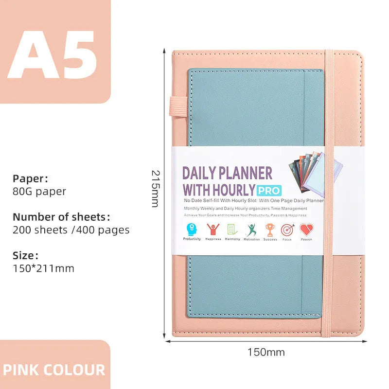 A5 undated notebook with PU cover in purple, open to show thread binding and wood-free paper.