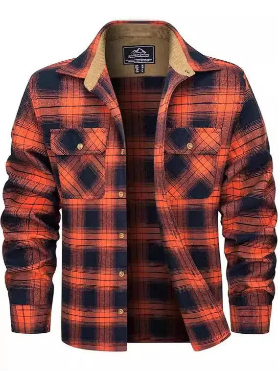 Man wearing a casual orange and black plaid flannel button-down shirt with long sleeves.