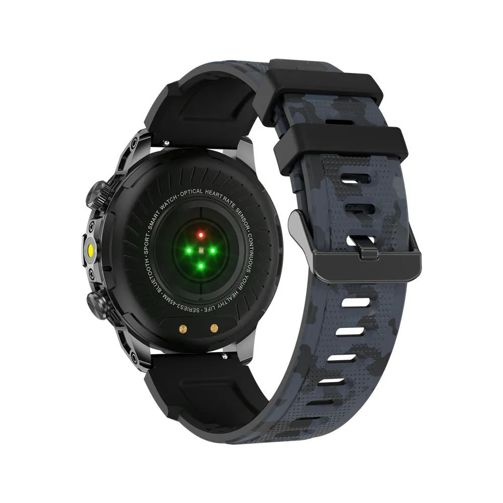 Sports smartwatch with AMOLED screen showing weather forecast, zinc alloy case, liquid silicone strap