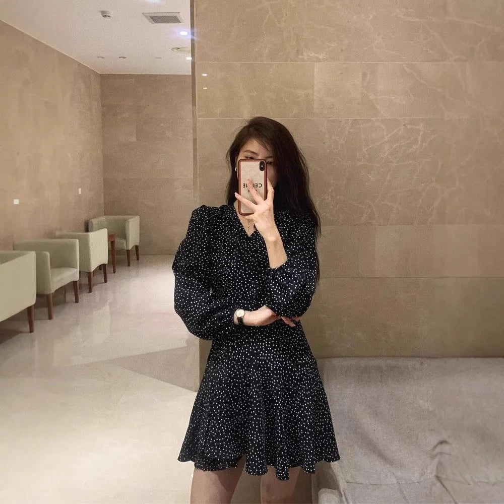 Women's black polka dot high waist midi dress with long sleeves in pullover style polyester fabric
