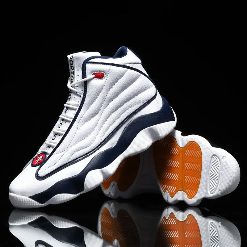 High-top basketball shoes with mesh upper and thick rubber sole in AJ13 colour options