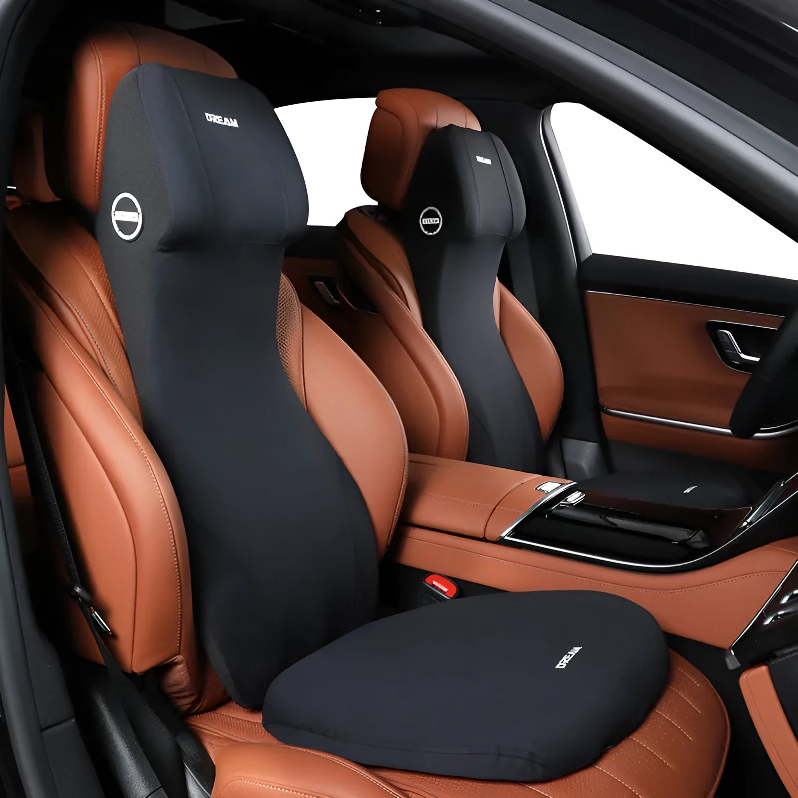 Integrated automotive memory foam seat cushion and headrest lumbar support pillow in various colours.