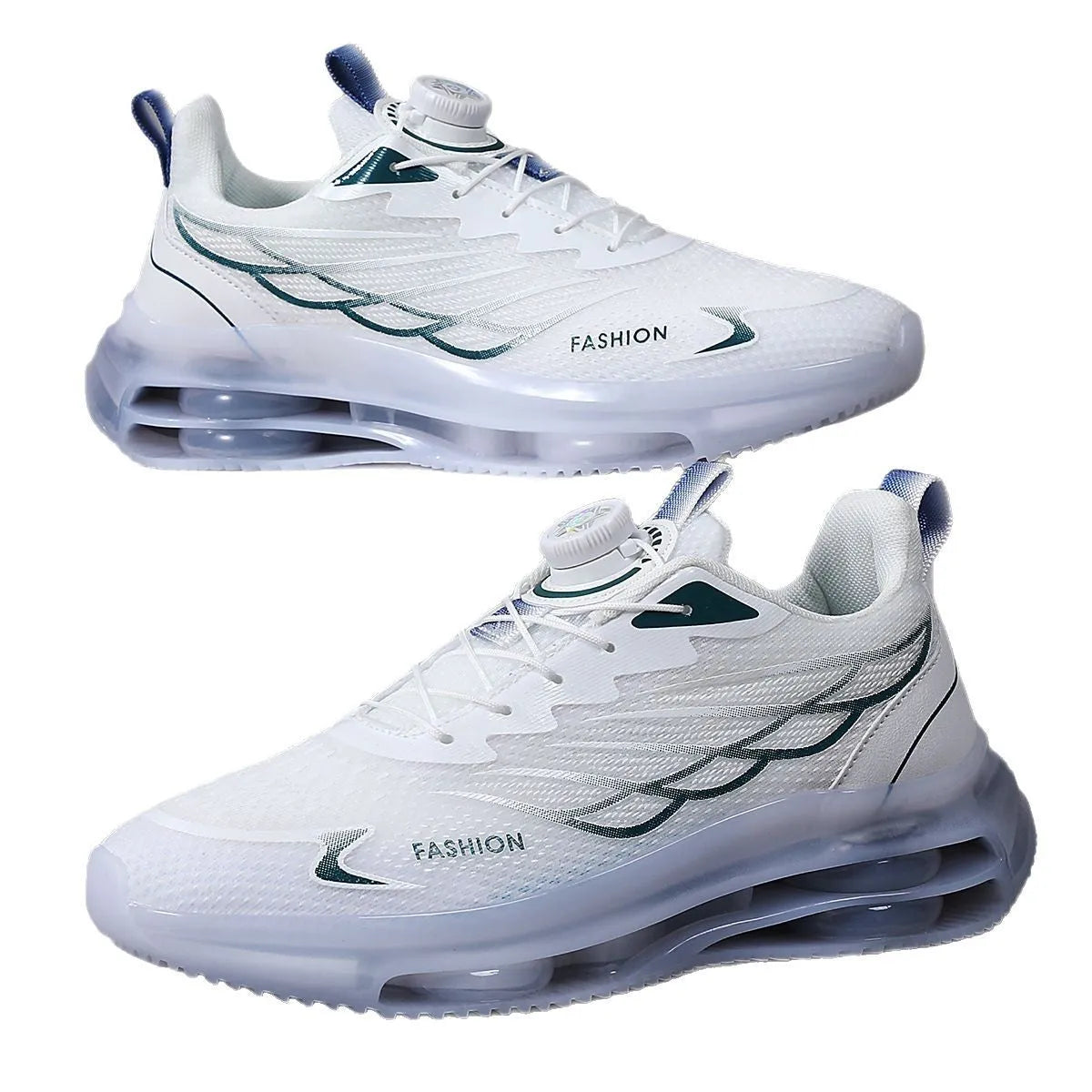 White rotating button youth sports casual shoes with mesh upper and rubber sole.