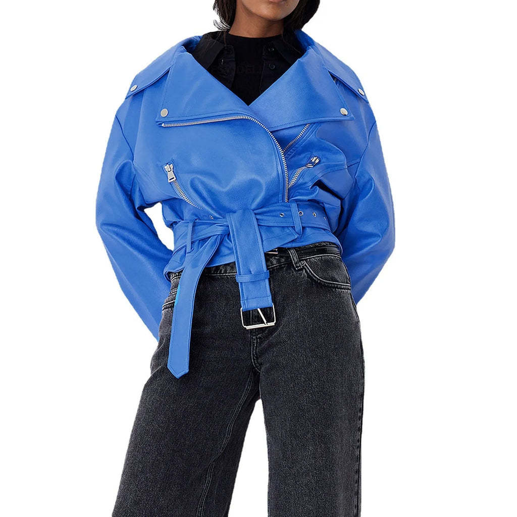 Punk style leather jacket with locomotive lapel and Peter Pan collar in polyester construction