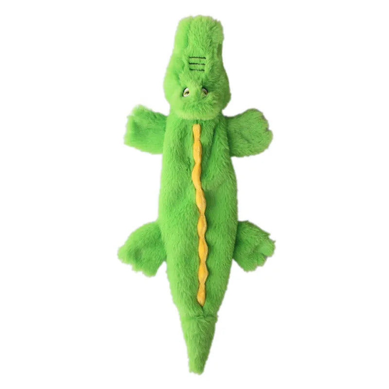 Green crocodile plush dog toy with stuffing-free construction and squeaker sound feature