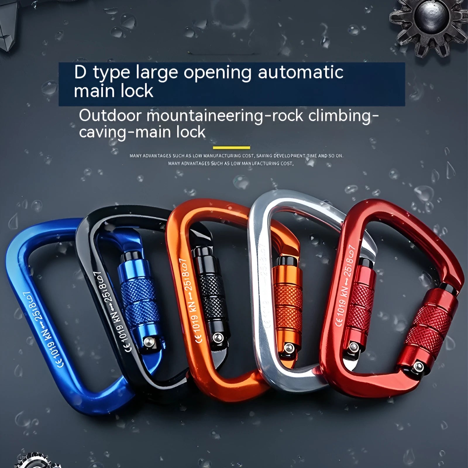 D-shaped climbing carabiner main lock in colours: black, blue, orange, red, silver red with automatic or threaded gate.