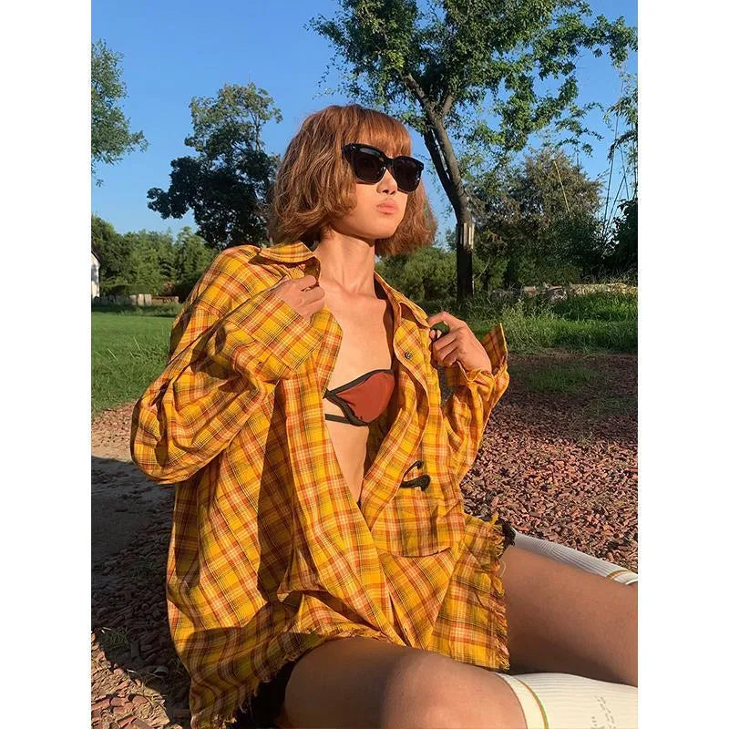 Dopamine yellow plaid shirt with loose fit and cardigan style in polyester blend fabric