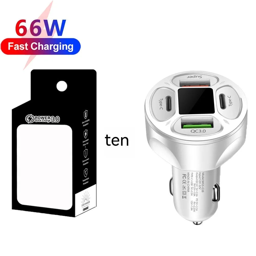 66W car charger with digital display, two USB ports, and two Type-C ports on a black plastic body.