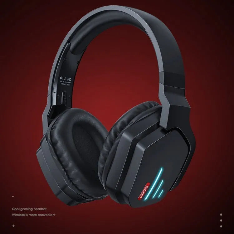 Luminous black wireless headphones with head-mounted design on black background