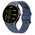 Round smartwatch with colour touchscreen display showing fitness metrics on wrist