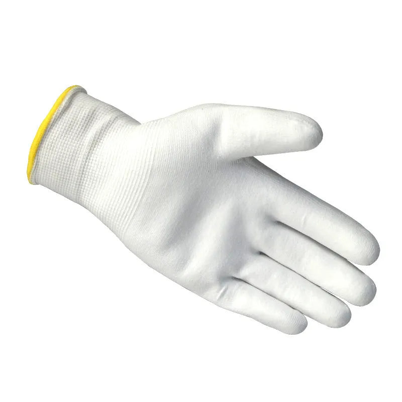 White PU coated labour gloves showing palm coating and mesh back panel