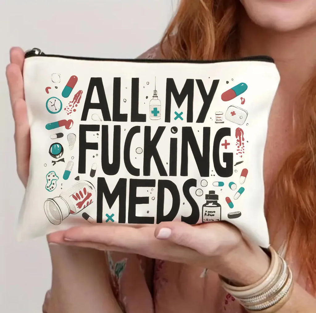 Canvas-style polyester cosmetics bag with a zipper, shown in multiple colour options.
