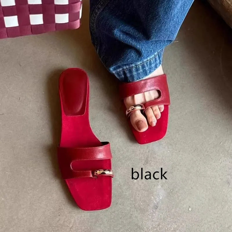 Plus size square head leather slippers with rubber sole in black, red, silver, or white colours