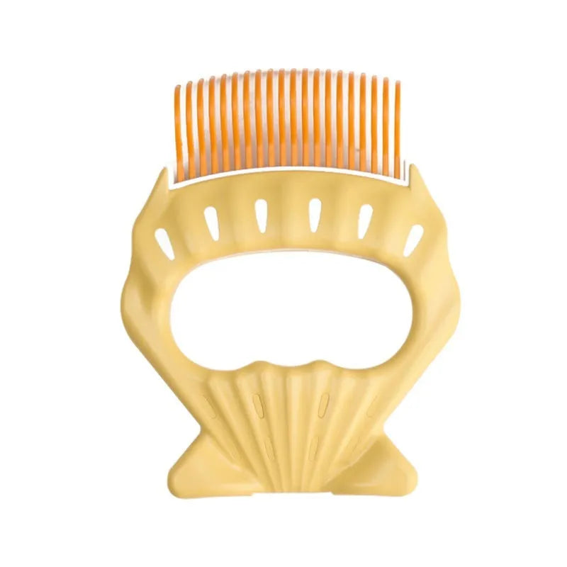 Shell-shaped plastic pet grooming brush with bent wire bristles, anti-slip handle in green colour