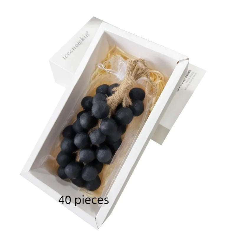 Grape handmade soap bars in black, green, purple and litchi variants showing mesh bag, gift box and long case packaging.