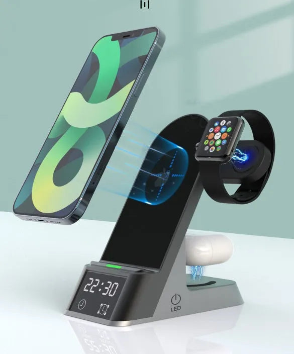 Black six-function wireless charging alarm clock with phone, watch and earphone charging outputs