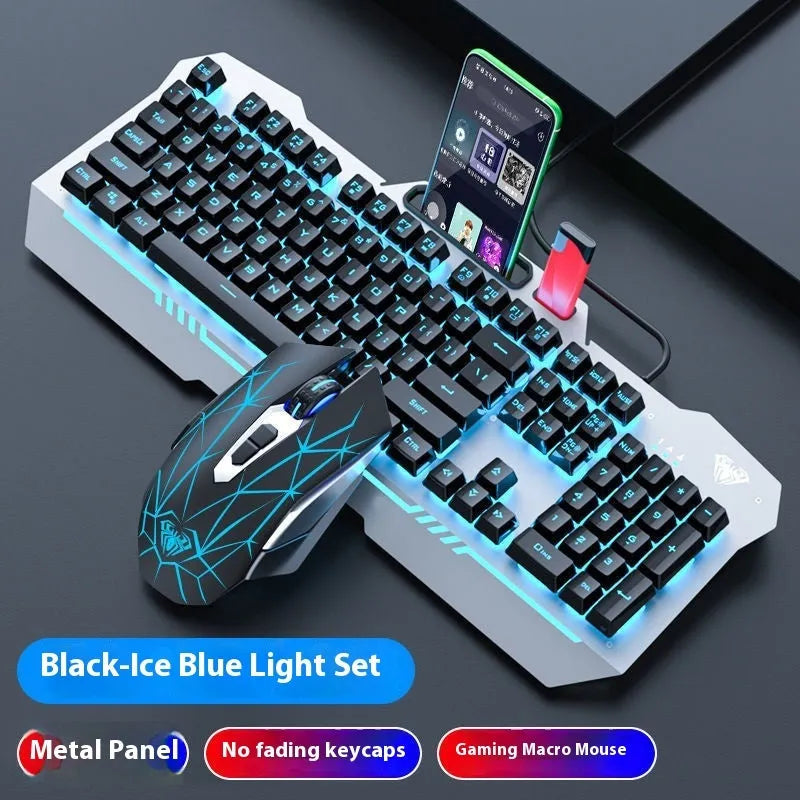 Metal mechanical keyboard bundle with gaming mouse, headset, and optional mouse pad on a desk.