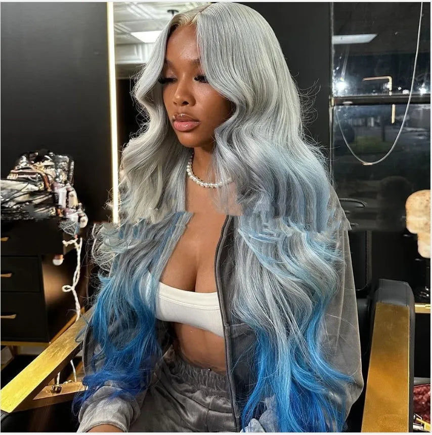 Grey and blue gradient human hair lace front wig with natural-looking 4x4 lace frontal.