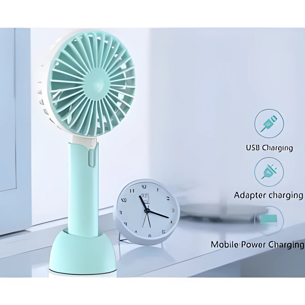 Blue handheld mini desktop USB electric fan with three speed settings and oscillating head