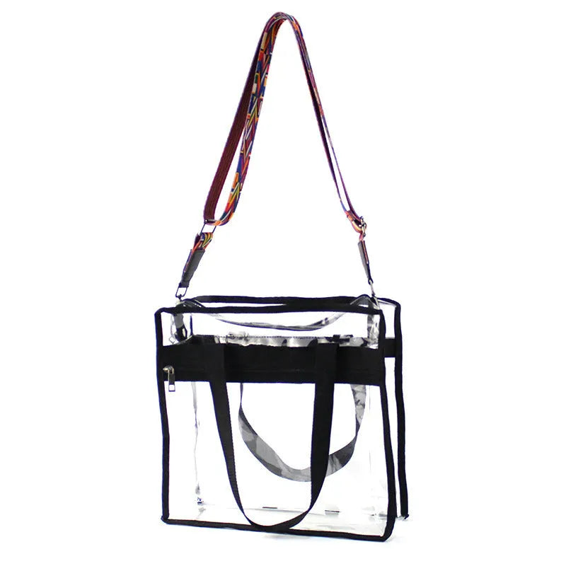 Women's transparent PVC shoulder messenger bag with double straps and side net pocket