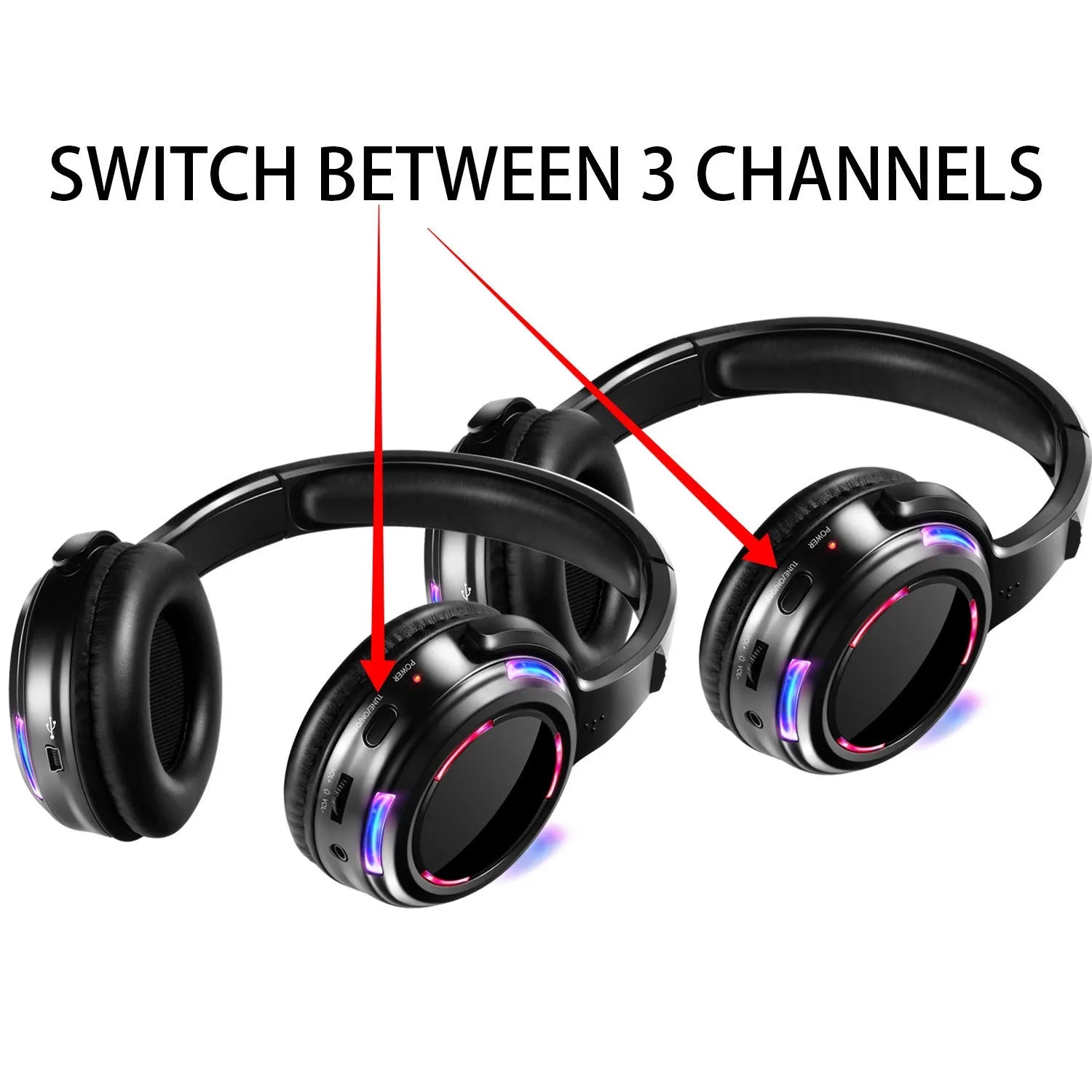Black silent disco wireless headphones with 40mm speakers and 3.5mm connection cable