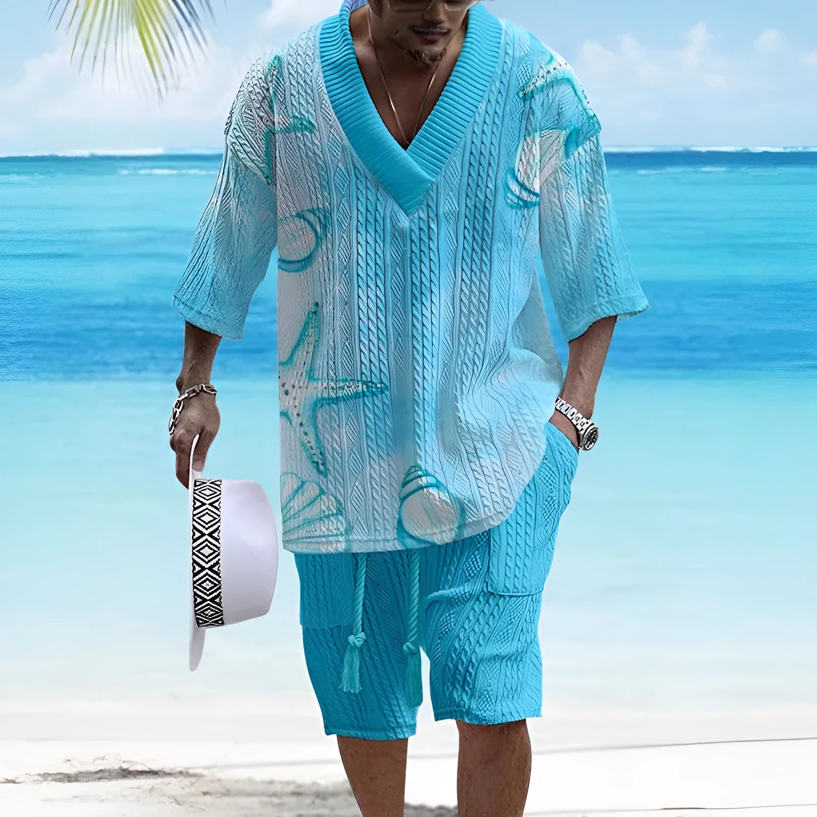 Loose casual short sleeve suit set in polyester fabric showing matching top and shorts