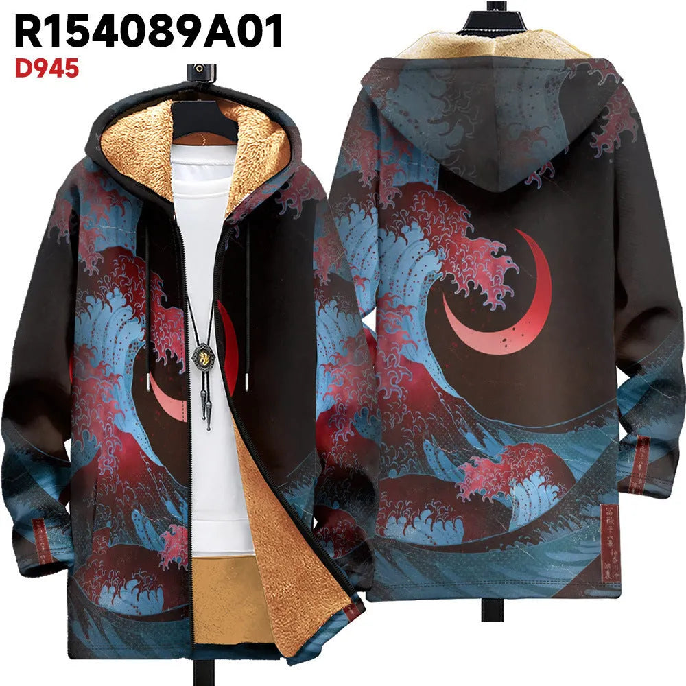 Man wearing a loose fit, multicolour print hooded cardigan with a front zipper.