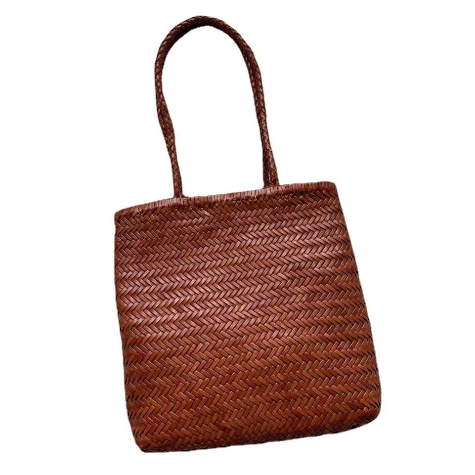 Brown woven genuine cowhide leather tote bag with three-dimensional pockets