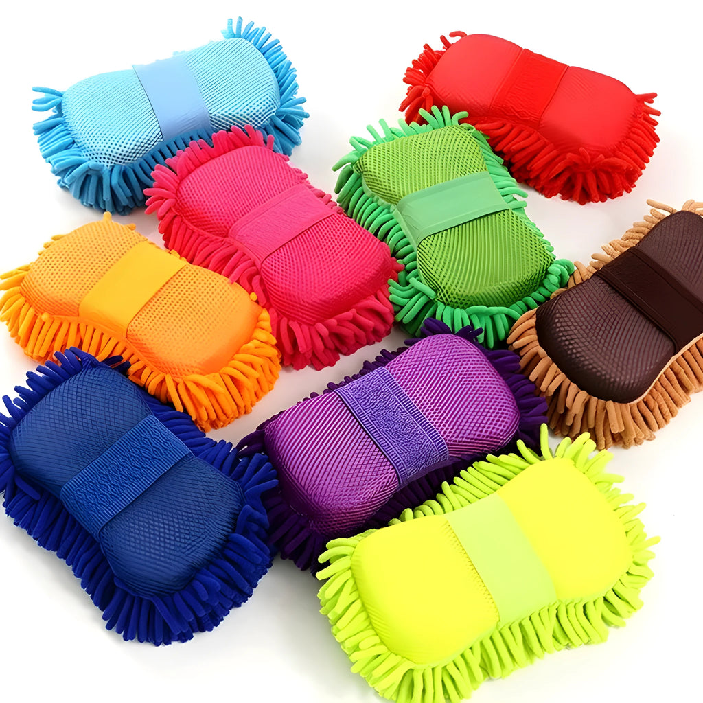 Silver green car wash sponge measuring 14cm by 25cm with chenille microfiber construction