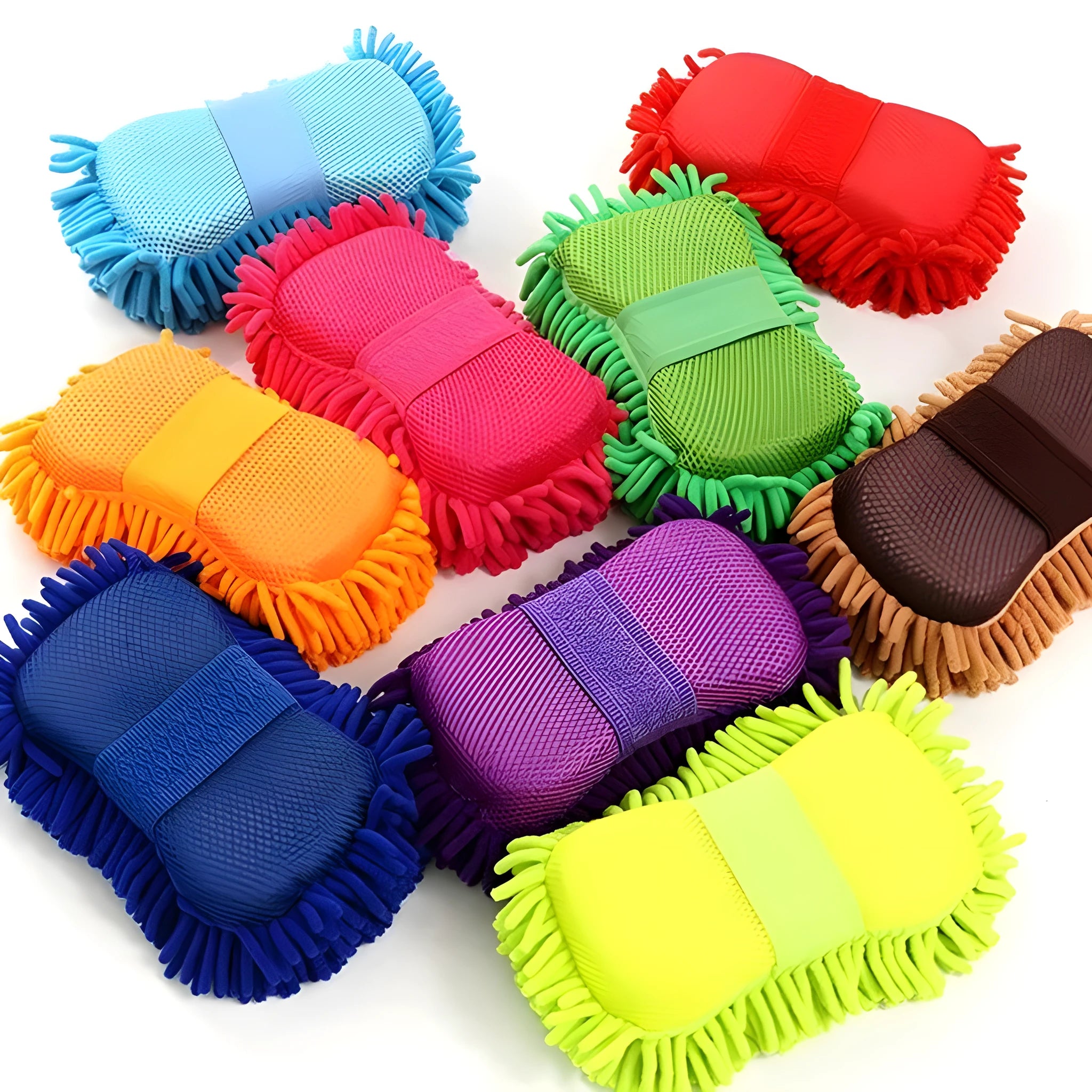 Silver green car wash sponge measuring 14cm by 25cm with chenille microfiber construction