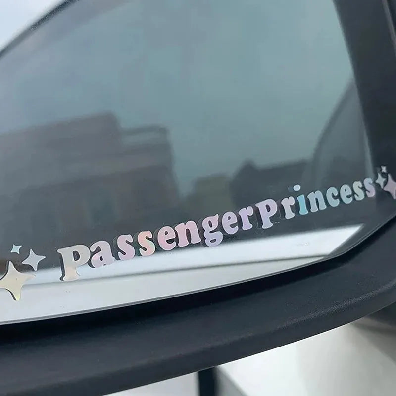 12.5 cm circular Passenger Princess decorative sticker for car rearview mirrors in reflective colours.
