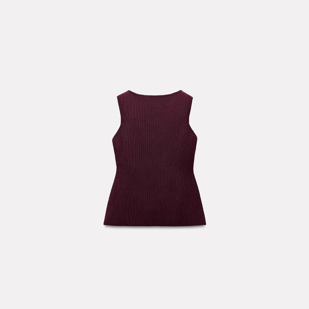 Women's dark red slim fit viscose vest with gold buttons and a textured 3D pattern, shown on a hanger.