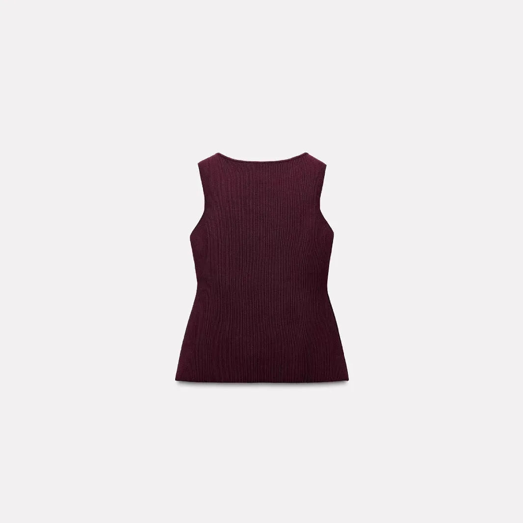 Women's dark red slim fit viscose vest with gold buttons and a textured 3D pattern, shown on a hanger.