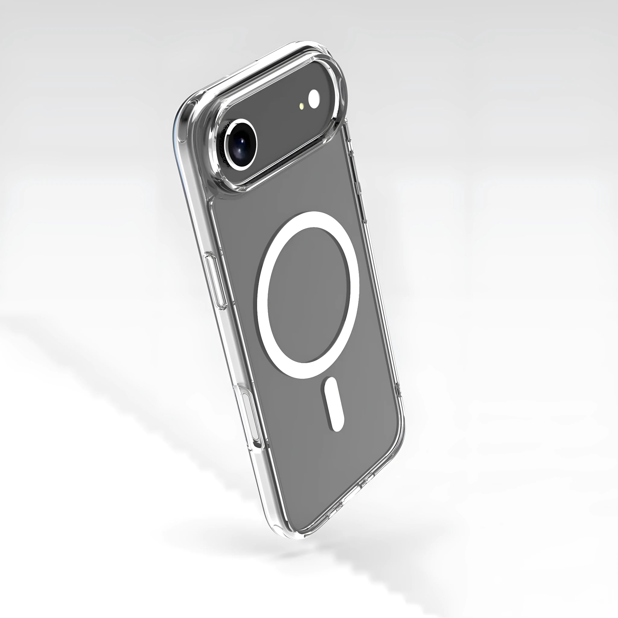 Transparent magnetic protective case for iPhone 17 models on a white background.