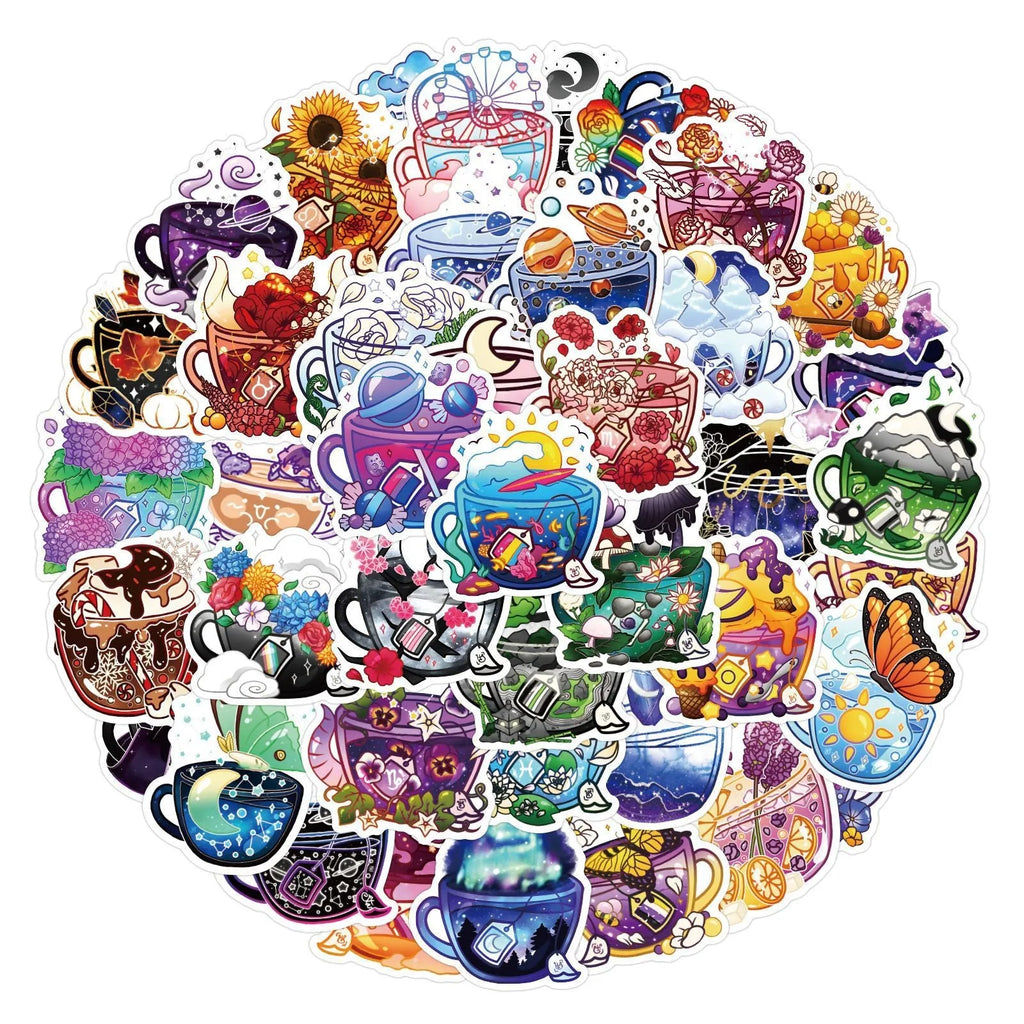 Colourful tea cup graffiti waterproof stickers in Nordic style, 50-piece pack for sports equipment and luggage