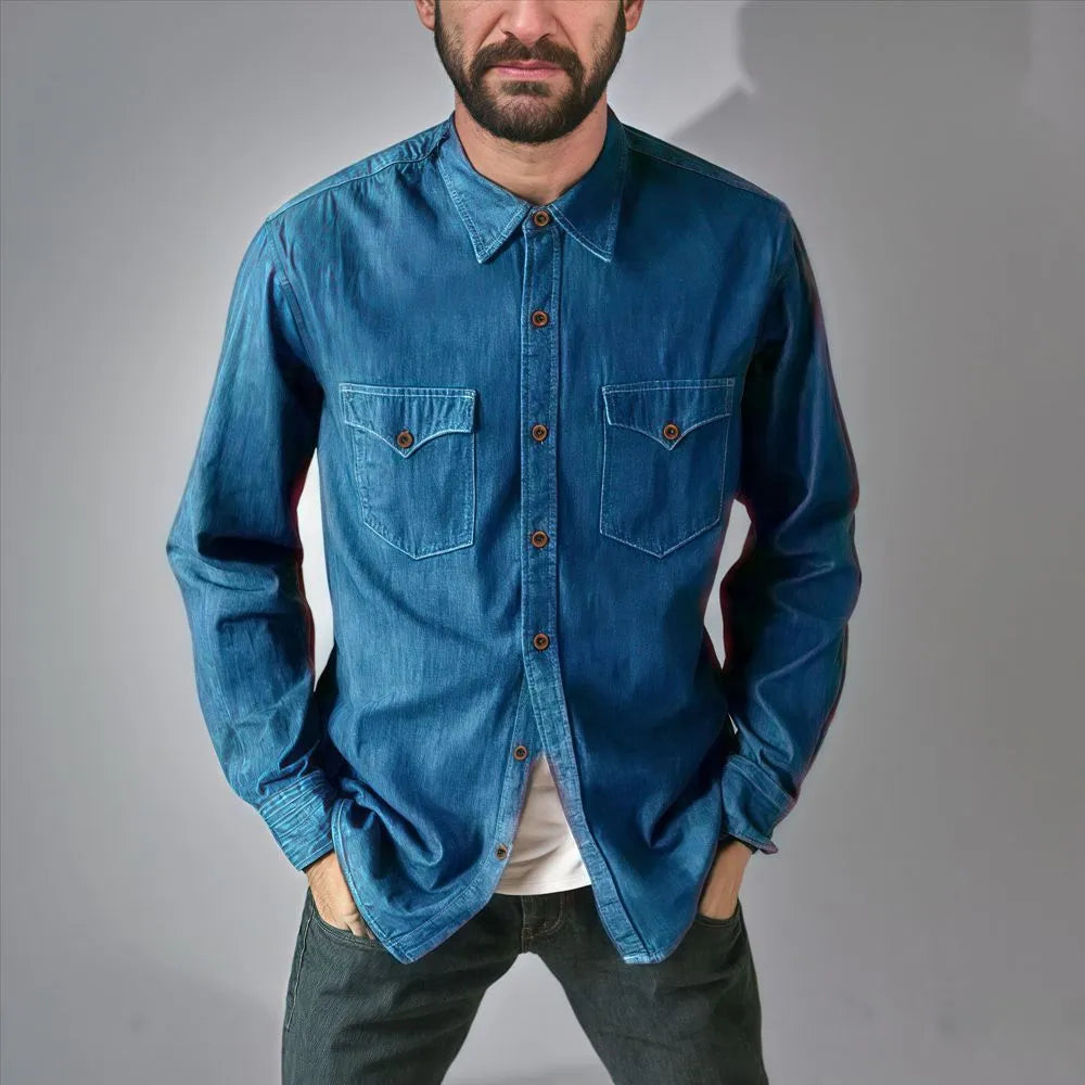 Denim cardigan coat in cotton fabric showing regular fit design