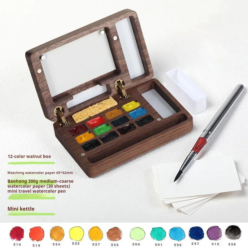 Mini walnut wooden watercolour paint box with professional pigment selection options