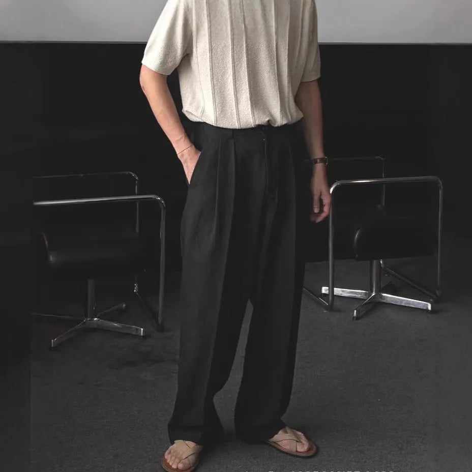 Men's wide-leg cotton linen trousers in apricot colour with elastic waist and pencil leg opening