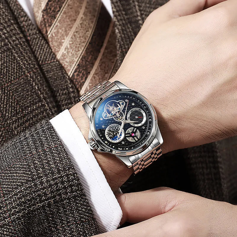 Men's black and silver automatic business watch with luminous hands on steel bracelet